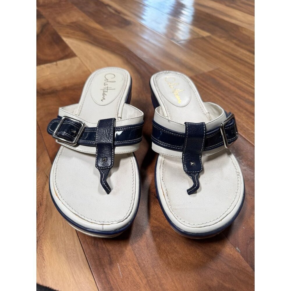 Cole Haan blue and white thong baby wedge sandals.